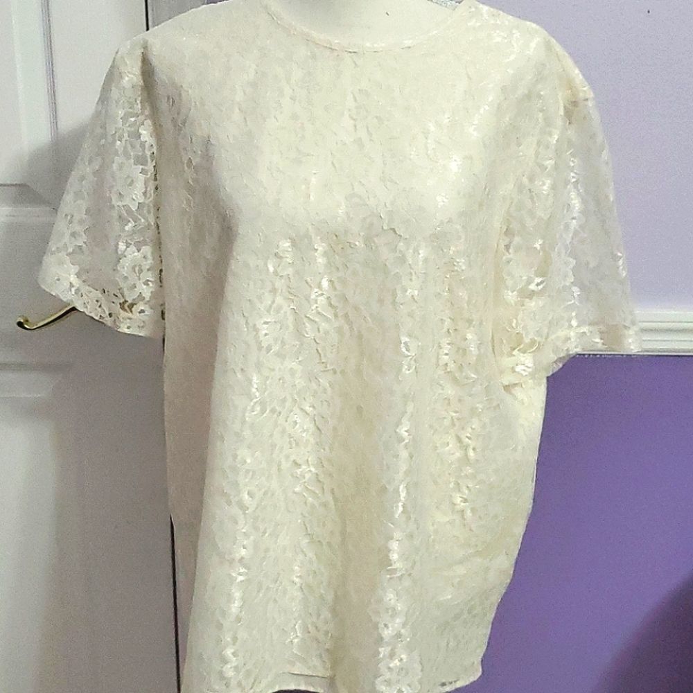 VTG Jessica Michelle Cream Laced Boxy Short Sleeve Wedding Event Blouse 20